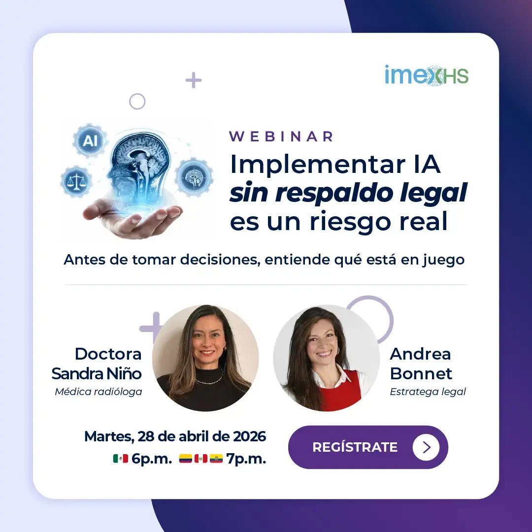 Webinar sobre implementación de inteligencia artificial en radiología y riesgos legales, con Sandra Niño y Andrea Bonnet, abril 2026.